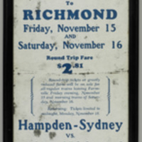 Football excursion to Richmond: Friday, November 15 and Saturday, November 16...: Hampden-Sydney vs. Univ. of Richmond